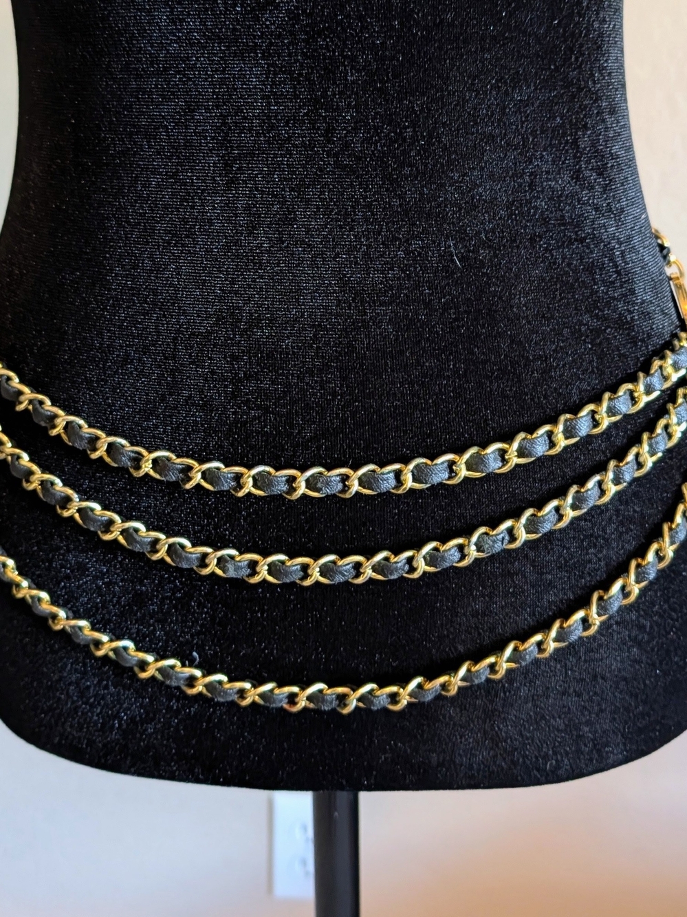 Gold-Tone Chain Belt with Black Leather Weave - Women's Vintage